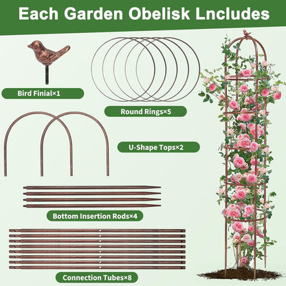 2 Pack 7Ft Heavy Duty Metal Garden Obelisk Trellis for Climbing Plants, Rust-Resistant Steel Vine Support Bird Finial for Rose Clematis, Potted Flowers Stand Indoor Outdoor Decor (Rose Gold)