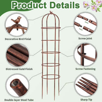 2 Pack 7Ft Heavy Duty Metal Garden Obelisk Trellis for Climbing Plants, Rust-Resistant Steel Vine Support Bird Finial for Rose Clematis, Potted Flowers Stand Indoor Outdoor Decor (Rose Gold)