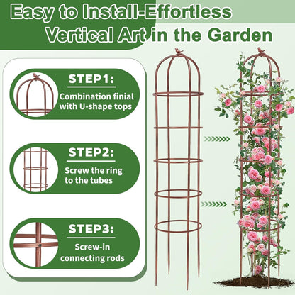 2 Pack 7Ft Heavy Duty Metal Garden Obelisk Trellis for Climbing Plants, Rust-Resistant Steel Vine Support Bird Finial for Rose Clematis, Potted Flowers Stand Indoor Outdoor Decor (Rose Gold)