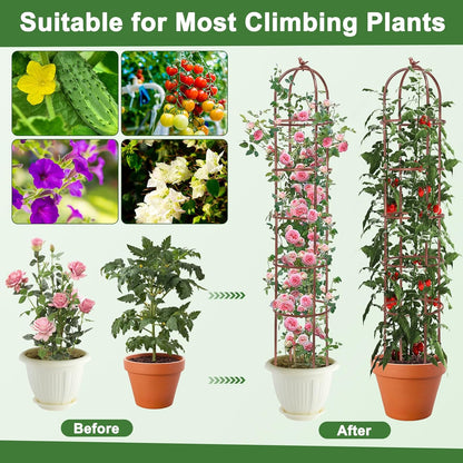 2 Pack 7Ft Heavy Duty Metal Garden Obelisk Trellis for Climbing Plants, Rust-Resistant Steel Vine Support Bird Finial for Rose Clematis, Potted Flowers Stand Indoor Outdoor Decor (Rose Gold)