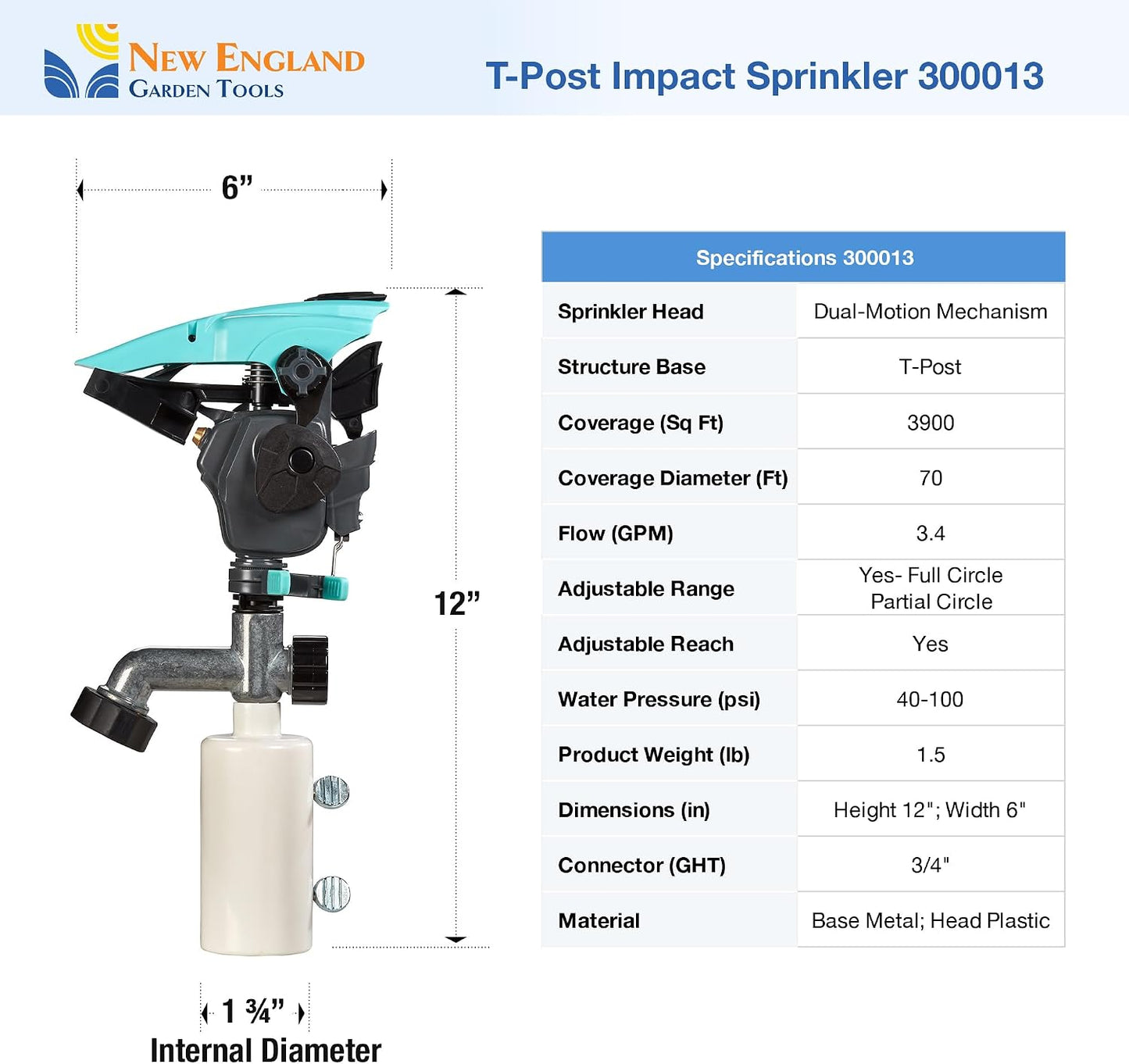 T-Post Lawn Impact Pulsating Sprinkler 300013 with a Gear Drive, Pole Base, Adjustable to 360 Degrees