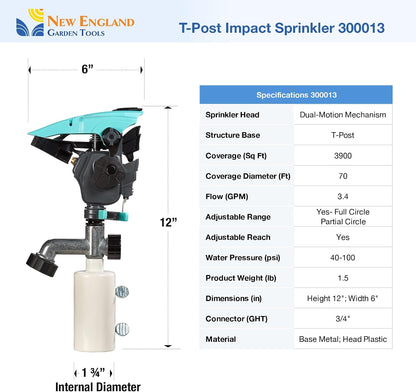 T-Post Lawn Impact Pulsating Sprinkler 300013 with a Gear Drive, Pole Base, Adjustable to 360 Degrees