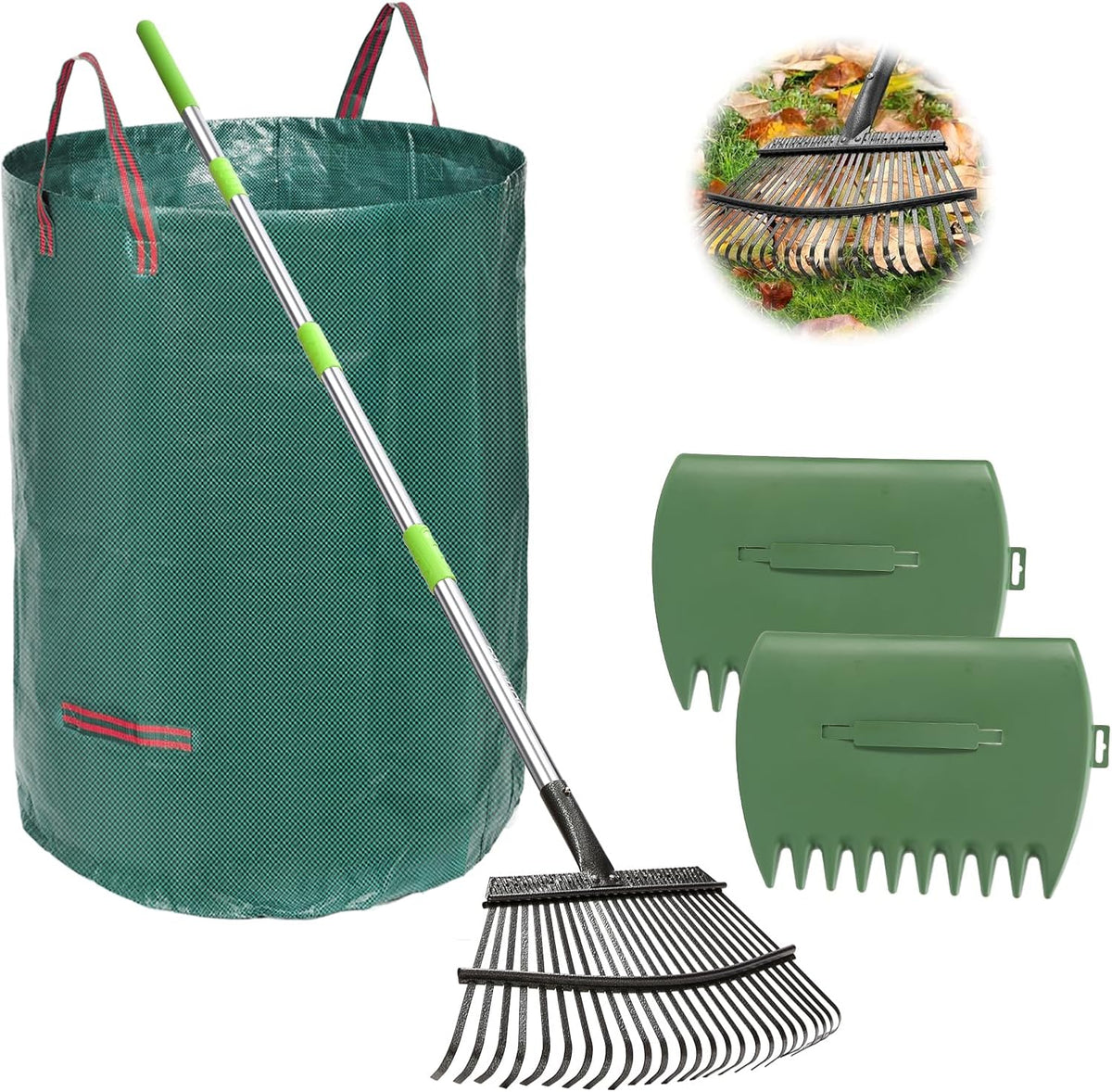 65 Inch 25 Tines Metal Leaf Rake Set with 32 Gal Bags Scoops, 18in Wide