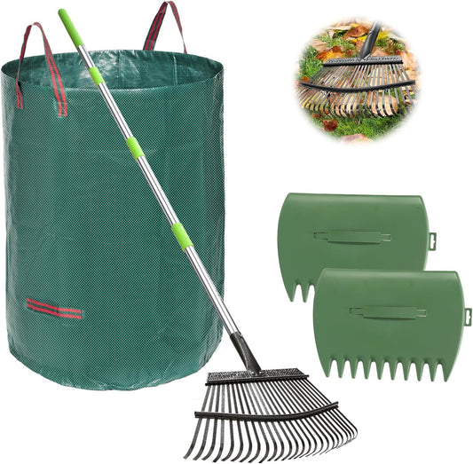 65 Inch 25 Tines Metal Leaf Rake Set with 32 Gal Bags Scoops, 18in Wide