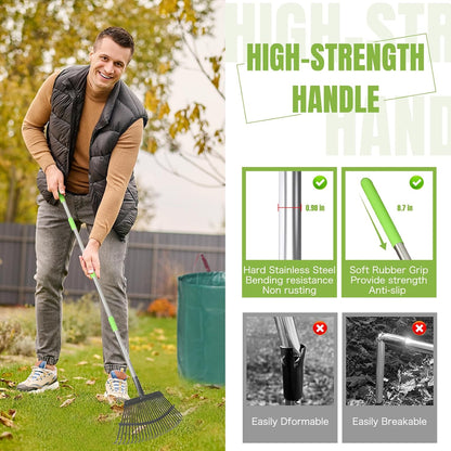 65 Inch 25 Tines Metal Leaf Rake Set with 32 Gal Bags Scoops, 18in Wide