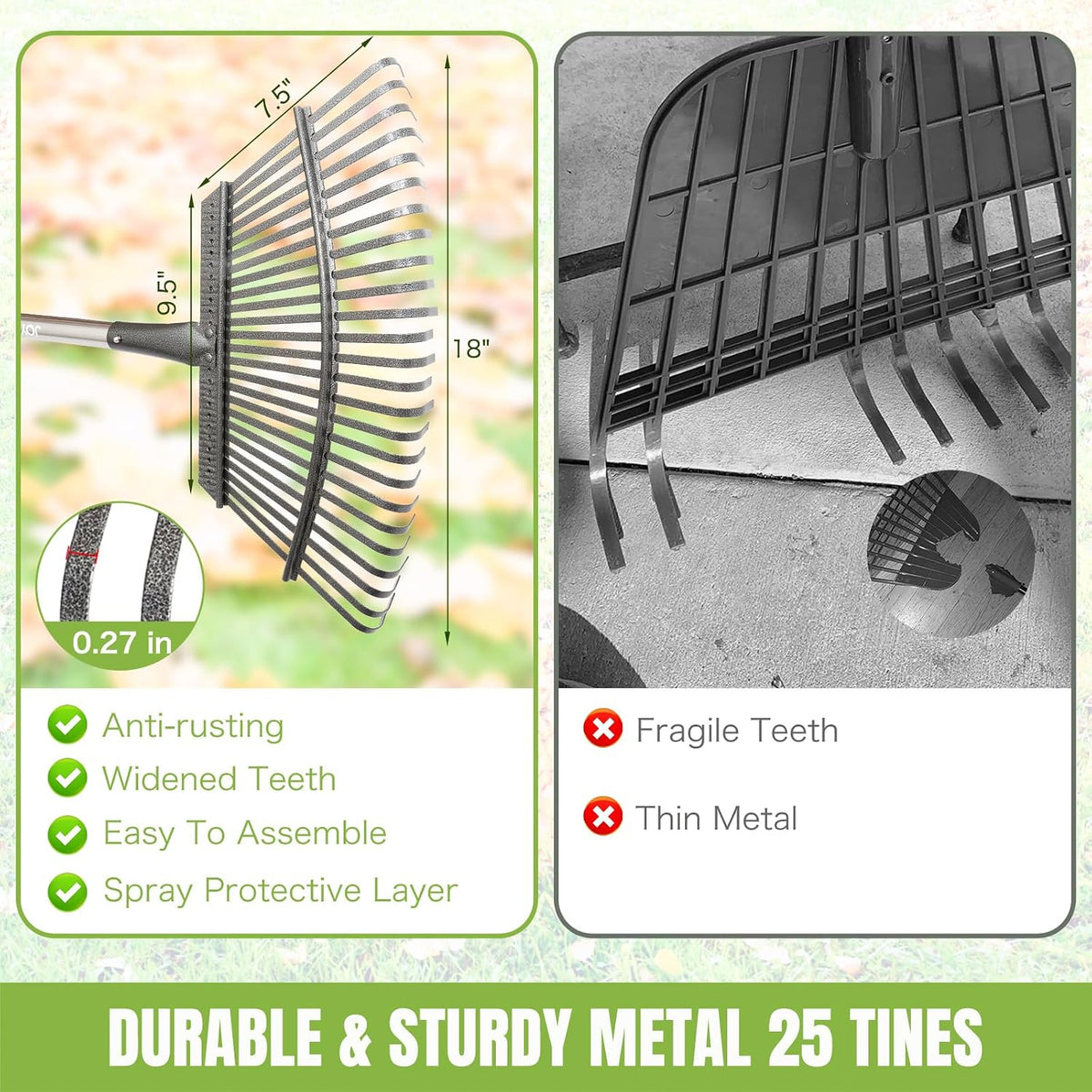 65 Inch 25 Tines Metal Leaf Rake Set with 32 Gal Bags Scoops, 18in Wide