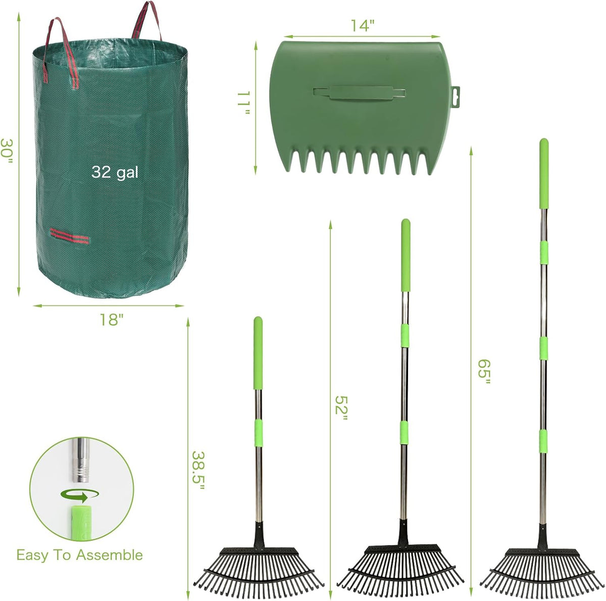 65 Inch 25 Tines Metal Leaf Rake Set with 32 Gal Bags Scoops, 18in Wide