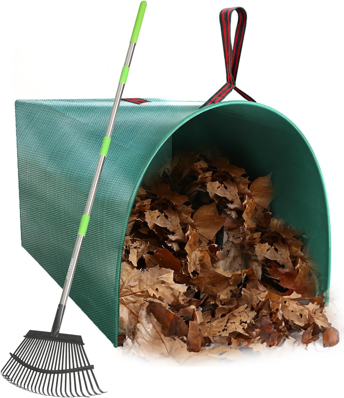 65 Inch 25 Tines Metal Leaf Rake Set with 32 Gal Bags Scoops, 18in Wide