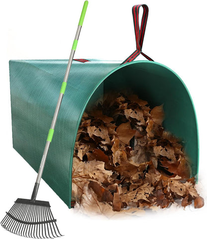 65 Inch 25 Tines Metal Leaf Rake Set with 32 Gal Bags Scoops, 18in Wide