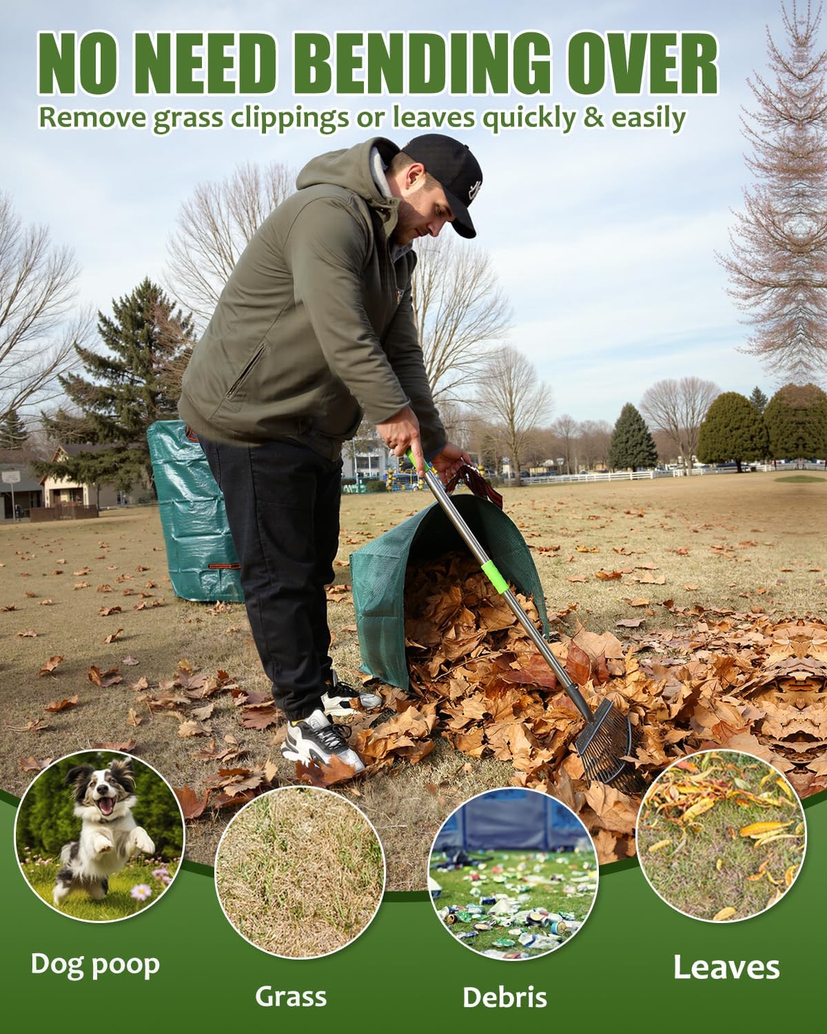 65 Inch 25 Tines Metal Leaf Rake Set with 32 Gal Bags Scoops, 18in Wide