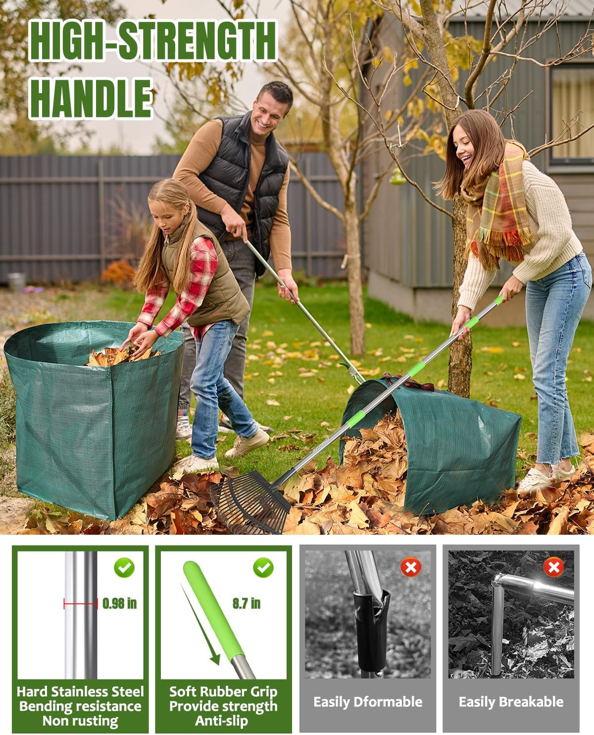 65 Inch 25 Tines Metal Leaf Rake Set with 32 Gal Bags Scoops, 18in Wide