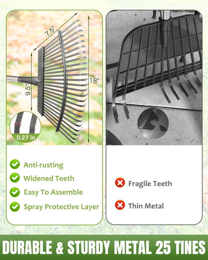 65 Inch 25 Tines Metal Leaf Rake Set with 32 Gal Bags Scoops, 18in Wide