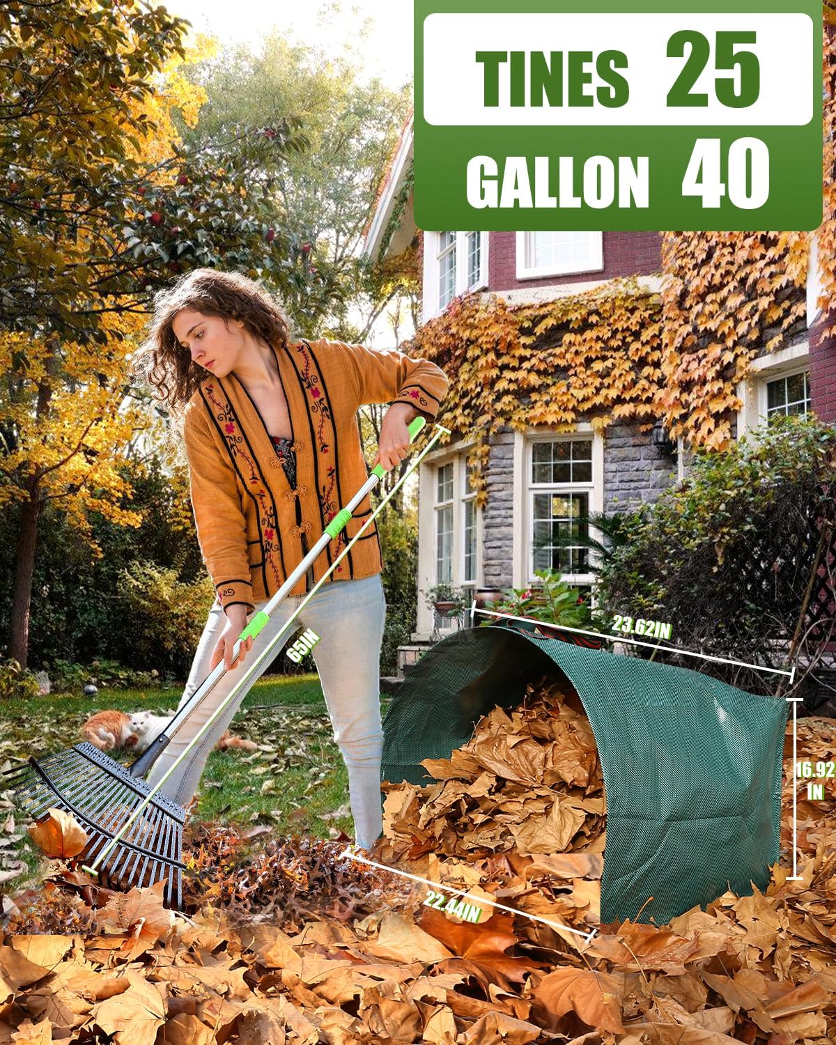 65 Inch 25 Tines Metal Leaf Rake Set with 32 Gal Bags Scoops, 18in Wide