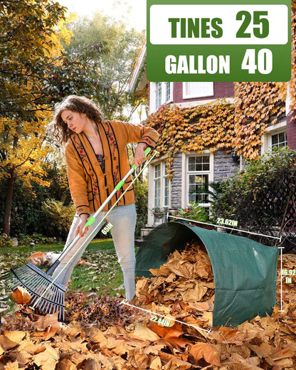 65 Inch 25 Tines Metal Leaf Rake Set with 32 Gal Bags Scoops, 18in Wide
