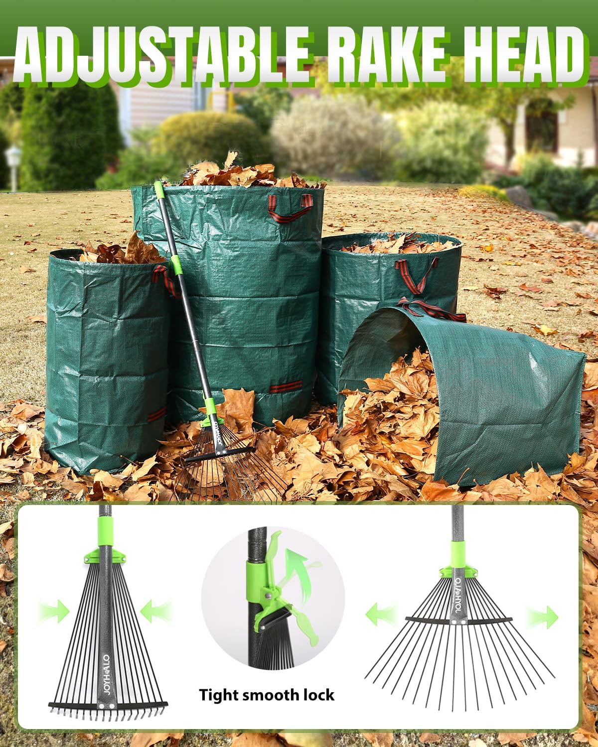 65 Inch 25 Tines Metal Leaf Rake Set with 32 Gal Bags Scoops, 18in Wide