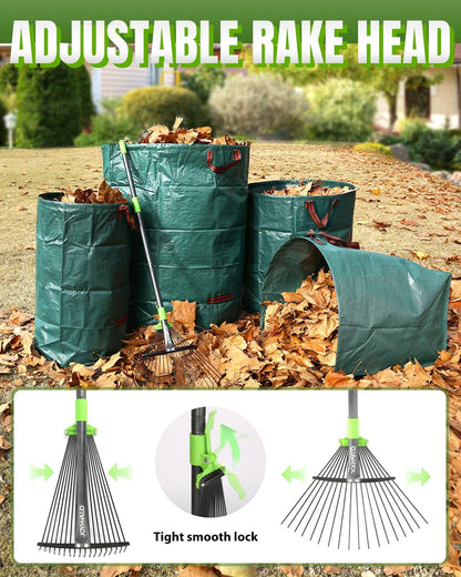 65 Inch 25 Tines Metal Leaf Rake Set with 32 Gal Bags Scoops, 18in Wide