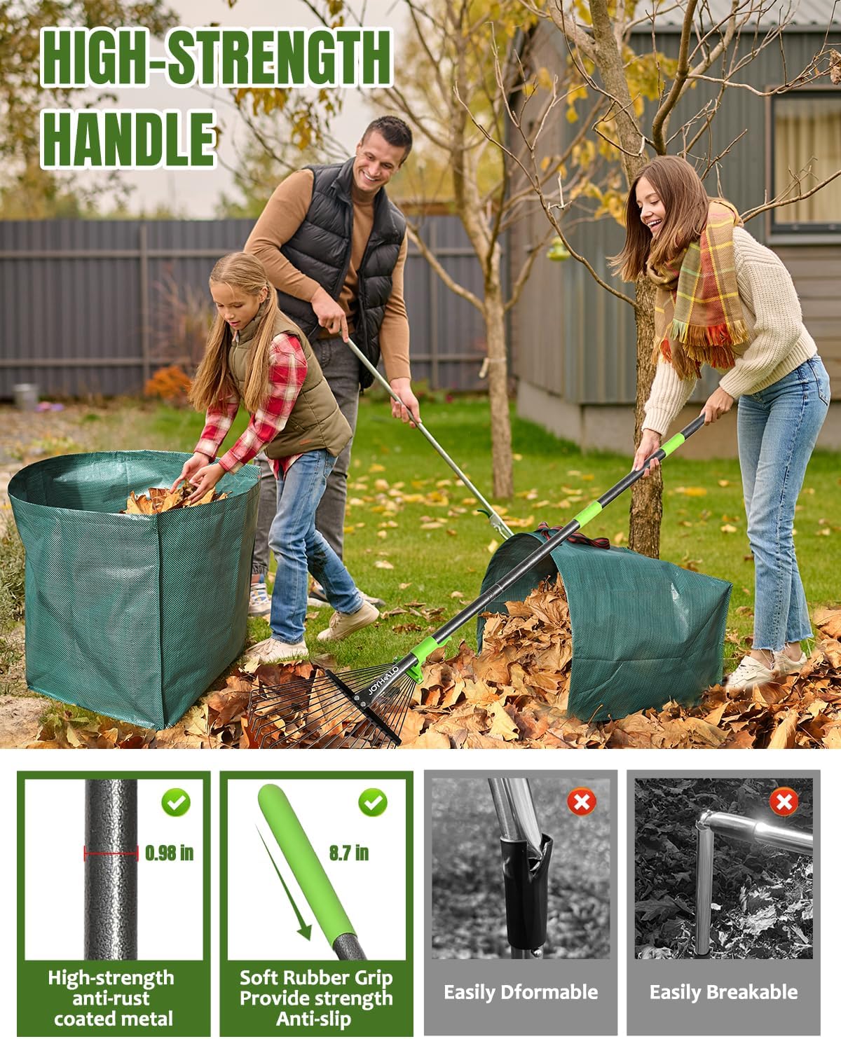 65 Inch 25 Tines Metal Leaf Rake Set with 32 Gal Bags Scoops, 18in Wide