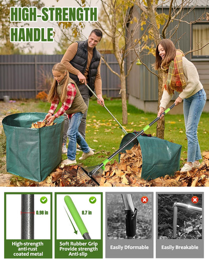 65 Inch 25 Tines Metal Leaf Rake Set with 32 Gal Bags Scoops, 18in Wide