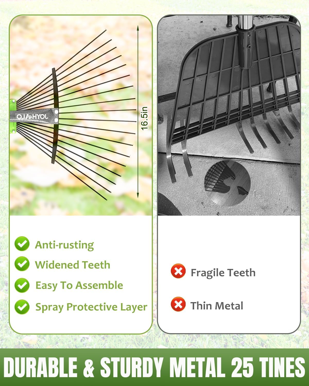 65 Inch 25 Tines Metal Leaf Rake Set with 32 Gal Bags Scoops, 18in Wide