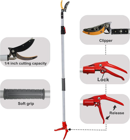 4.6-7.2FT Long Reach Tree Pruner, Telescopic Fruit Picker Pole Saw, Manual Extendable Aluminum Trimmer with Cut & Hold Clipper for Garden Orchard Branch Cutting