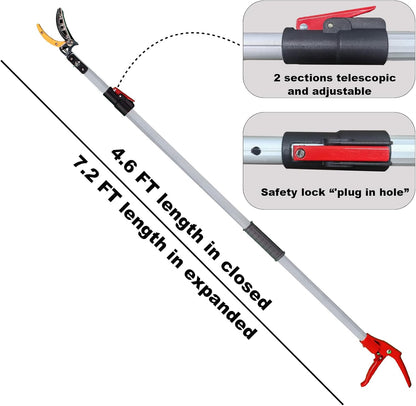 4.6-7.2FT Long Reach Tree Pruner, Telescopic Fruit Picker Pole Saw, Manual Extendable Aluminum Trimmer with Cut & Hold Clipper for Garden Orchard Branch Cutting