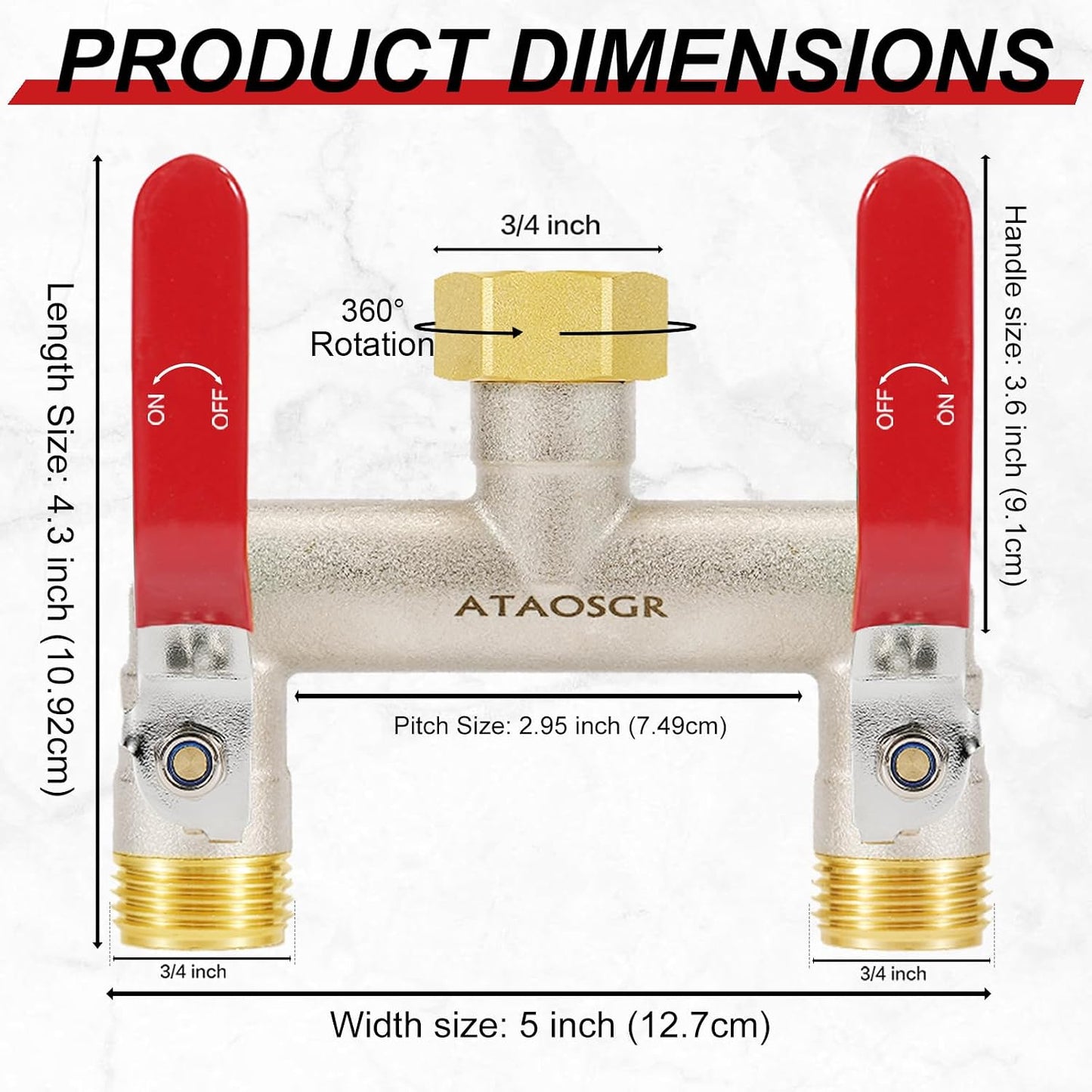 Garden Hose Splitter, 2 Way Heavy Duty Outdoor Faucet Splitter, Extra Long Handles High Flow Hose Adapter,with Shutoff Valves,3/4" GHT Thread