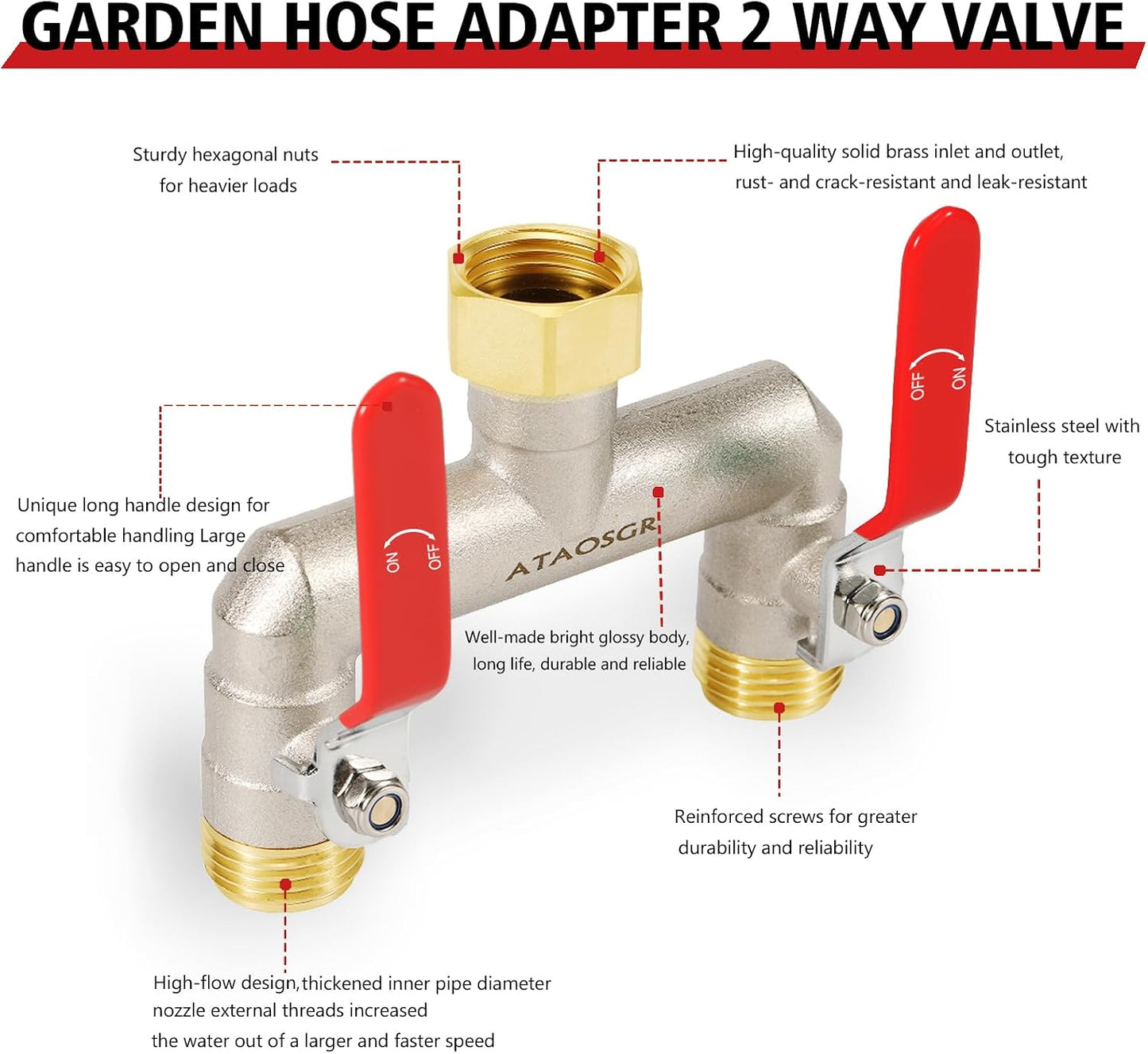 Garden Hose Splitter, 2 Way Heavy Duty Outdoor Faucet Splitter, Extra Long Handles High Flow Hose Adapter,with Shutoff Valves,3/4" GHT Thread