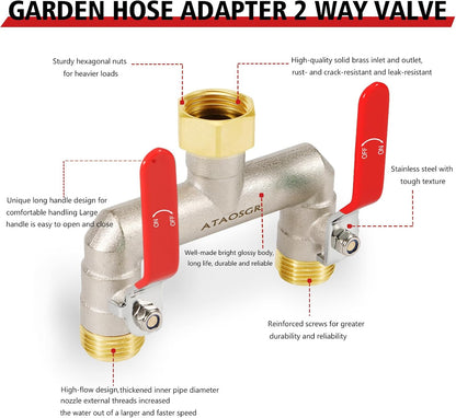 Garden Hose Splitter, 2 Way Heavy Duty Outdoor Faucet Splitter, Extra Long Handles High Flow Hose Adapter,with Shutoff Valves,3/4" GHT Thread