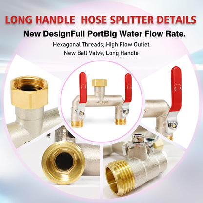 Garden Hose Splitter, 2 Way Heavy Duty Outdoor Faucet Splitter, Extra Long Handles High Flow Hose Adapter,with Shutoff Valves,3/4" GHT Thread