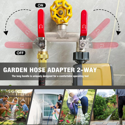 Garden Hose Splitter, 2 Way Heavy Duty Outdoor Faucet Splitter, Extra Long Handles High Flow Hose Adapter,with Shutoff Valves,3/4" GHT Thread