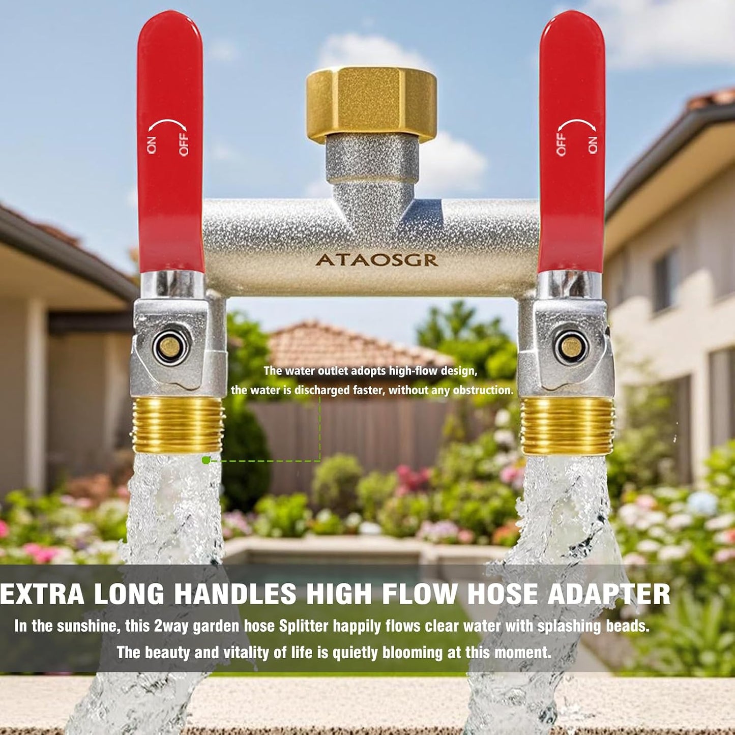 Garden Hose Splitter, 2 Way Heavy Duty Outdoor Faucet Splitter, Extra Long Handles High Flow Hose Adapter,with Shutoff Valves,3/4" GHT Thread