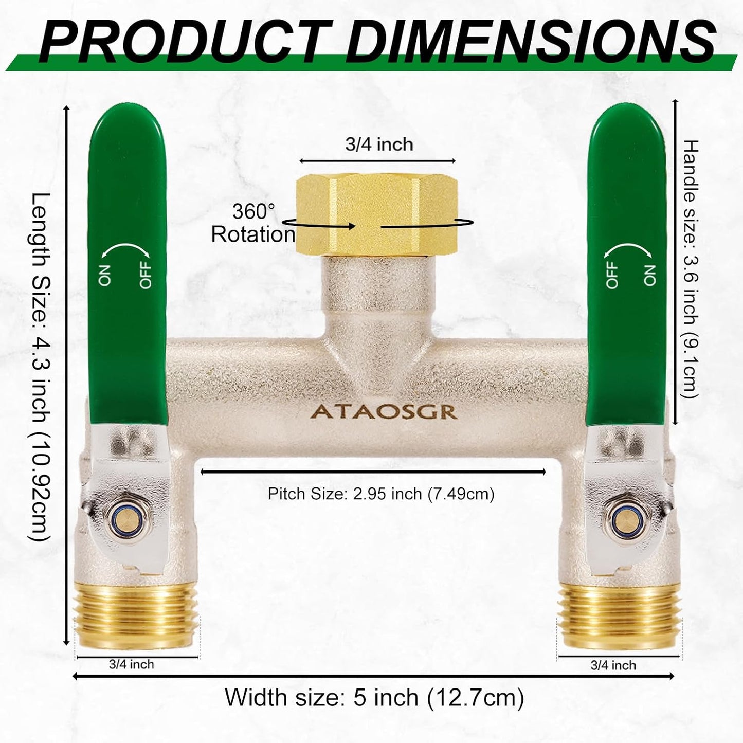 Garden Hose Splitter, 2 Way Heavy Duty Outdoor Faucet Splitter, Extra Long Handles High Flow Hose Adapter,with Shutoff Valves,3/4" GHT Thread