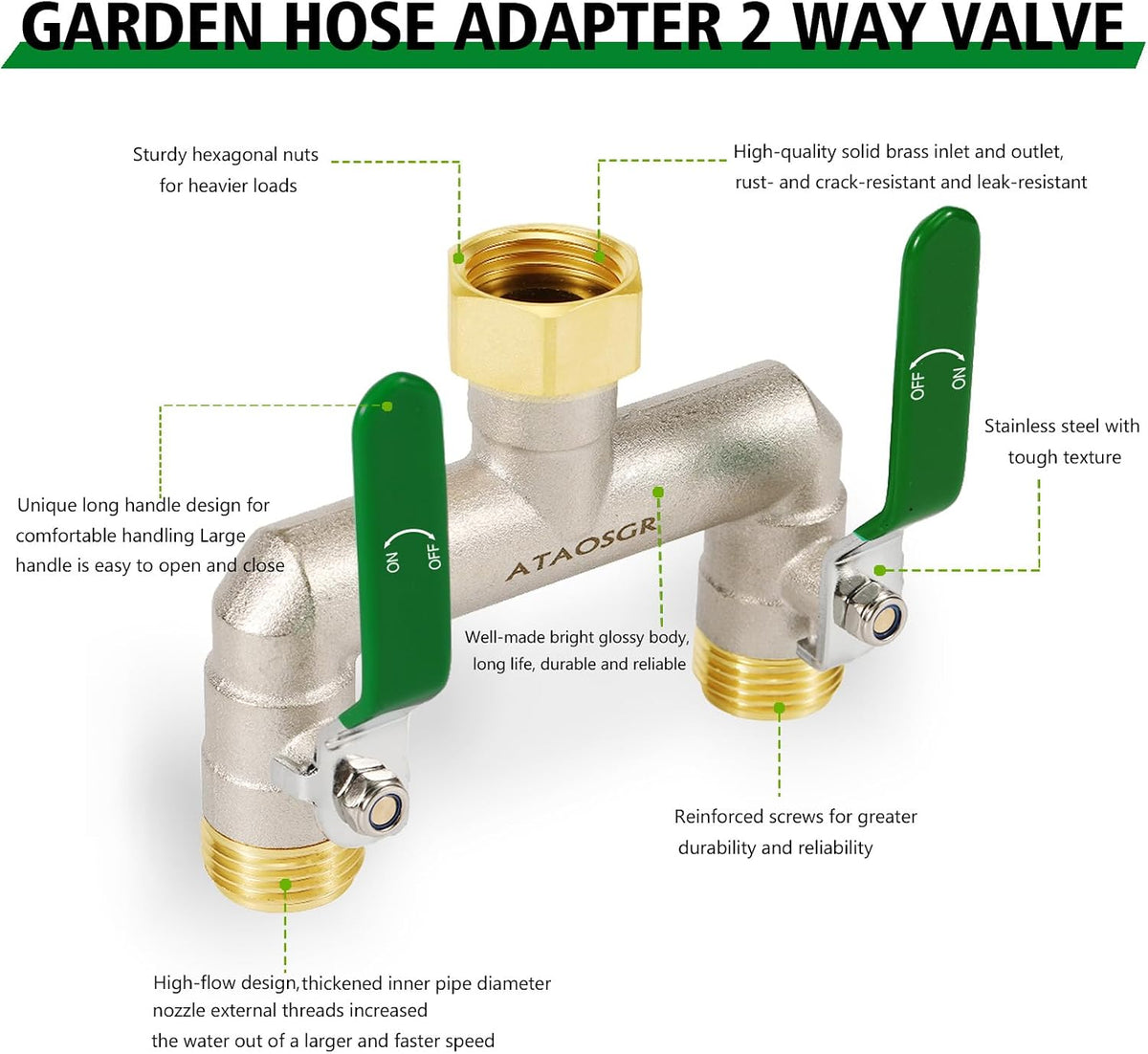Garden Hose Splitter, 2 Way Heavy Duty Outdoor Faucet Splitter, Extra Long Handles High Flow Hose Adapter,with Shutoff Valves,3/4" GHT Thread