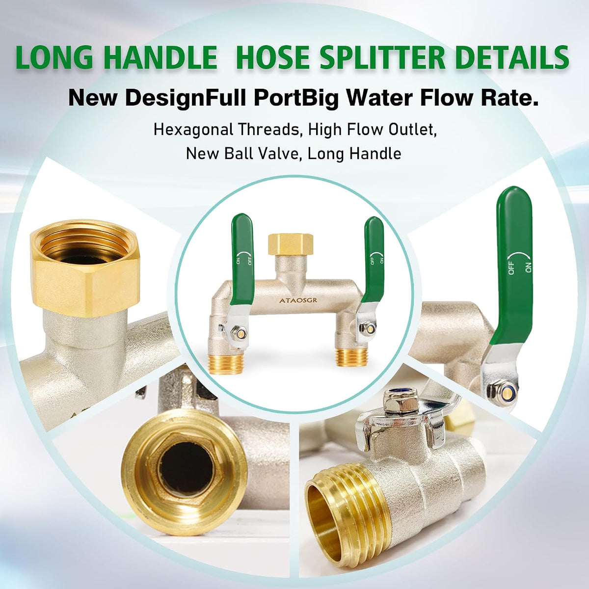 Garden Hose Splitter, 2 Way Heavy Duty Outdoor Faucet Splitter, Extra Long Handles High Flow Hose Adapter,with Shutoff Valves,3/4" GHT Thread