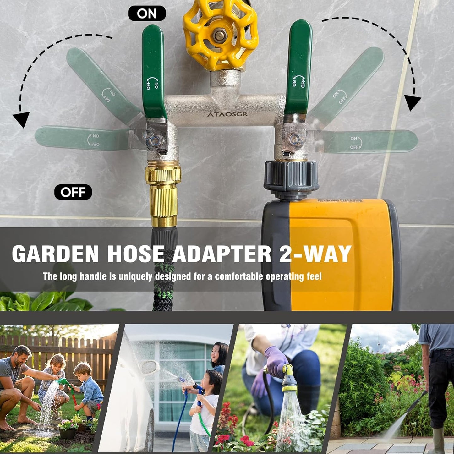 Garden Hose Splitter, 2 Way Heavy Duty Outdoor Faucet Splitter, Extra Long Handles High Flow Hose Adapter,with Shutoff Valves,3/4" GHT Thread