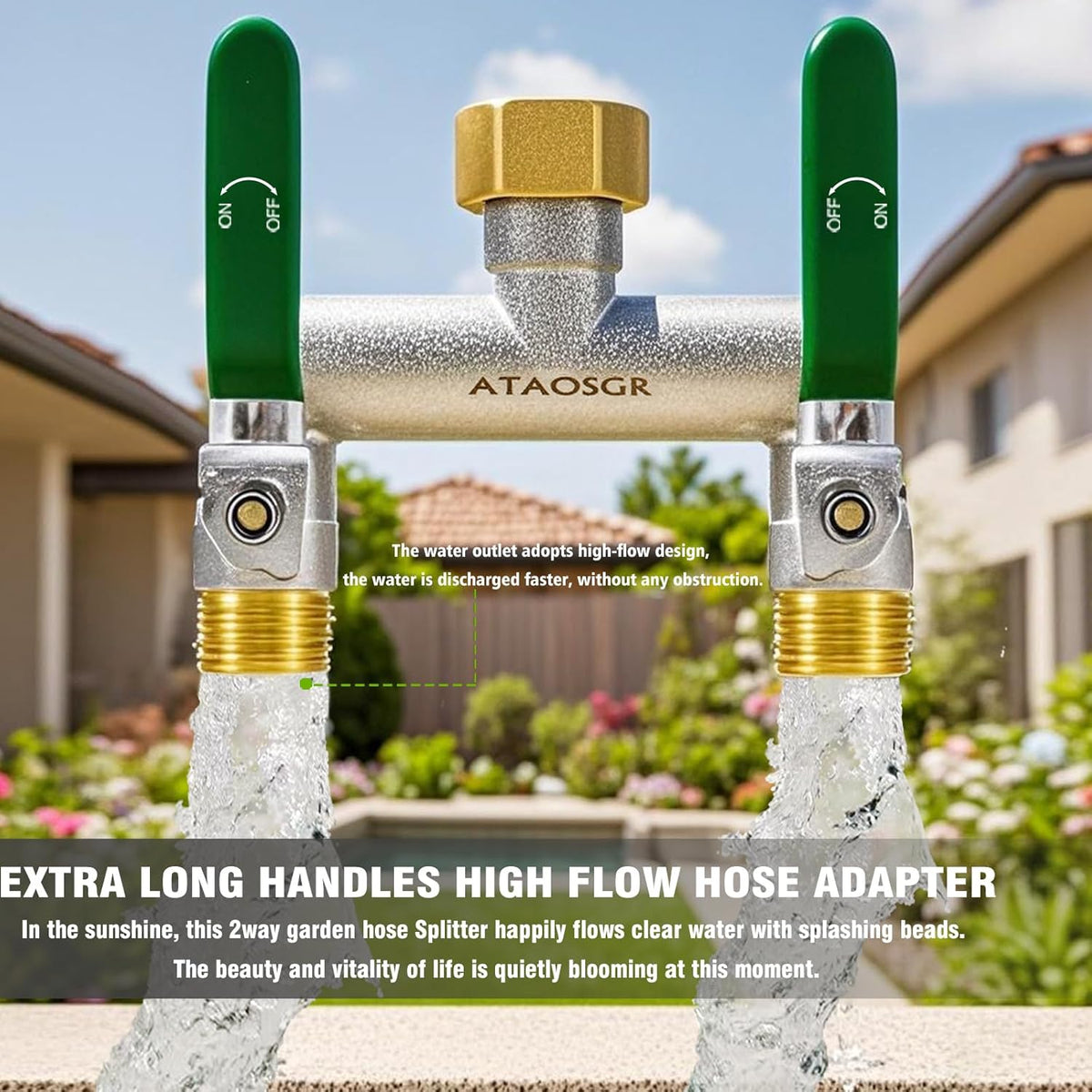 Garden Hose Splitter, 2 Way Heavy Duty Outdoor Faucet Splitter, Extra Long Handles High Flow Hose Adapter,with Shutoff Valves,3/4" GHT Thread
