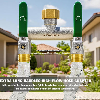 Garden Hose Splitter, 2 Way Heavy Duty Outdoor Faucet Splitter, Extra Long Handles High Flow Hose Adapter,with Shutoff Valves,3/4" GHT Thread