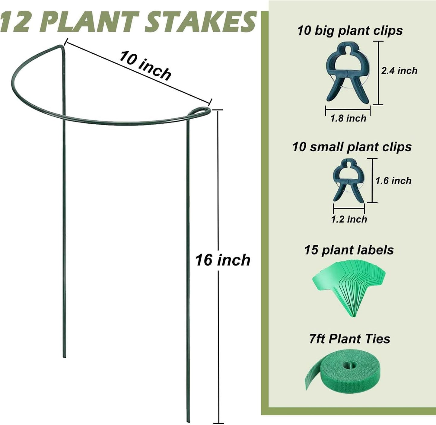 12 Pack Plant Support Stakes, Size 10"x16", Come with 15 Pcs Plant Labels, 20 Pcs Plant Clips, 7ft Plant Ties, Metal Garden Peony Cages and Supports for Potted Plants Tomato Hydrangea