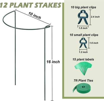 12 Pack Plant Support Stakes, Size 10"x16", Come with 15 Pcs Plant Labels, 20 Pcs Plant Clips, 7ft Plant Ties, Metal Garden Peony Cages and Supports for Potted Plants Tomato Hydrangea