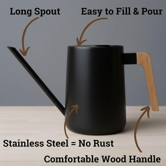 Metal Small Indoor Watering Can with Long Spout & Real Wood Handle, 35oz