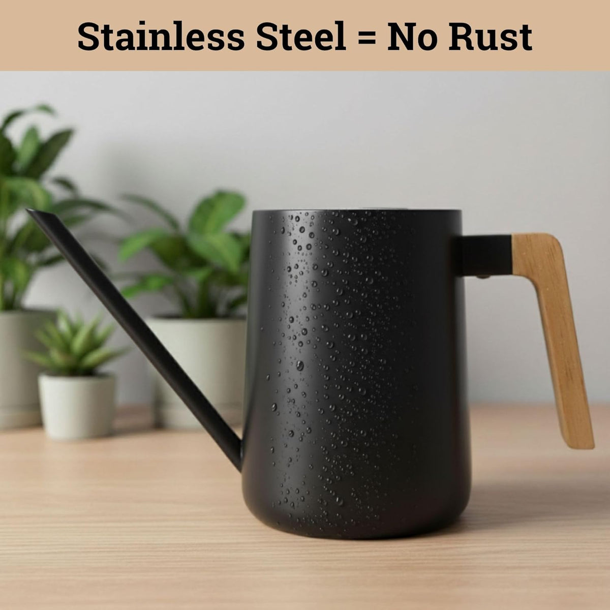 Metal Small Indoor Watering Can with Long Spout & Real Wood Handle, 35oz