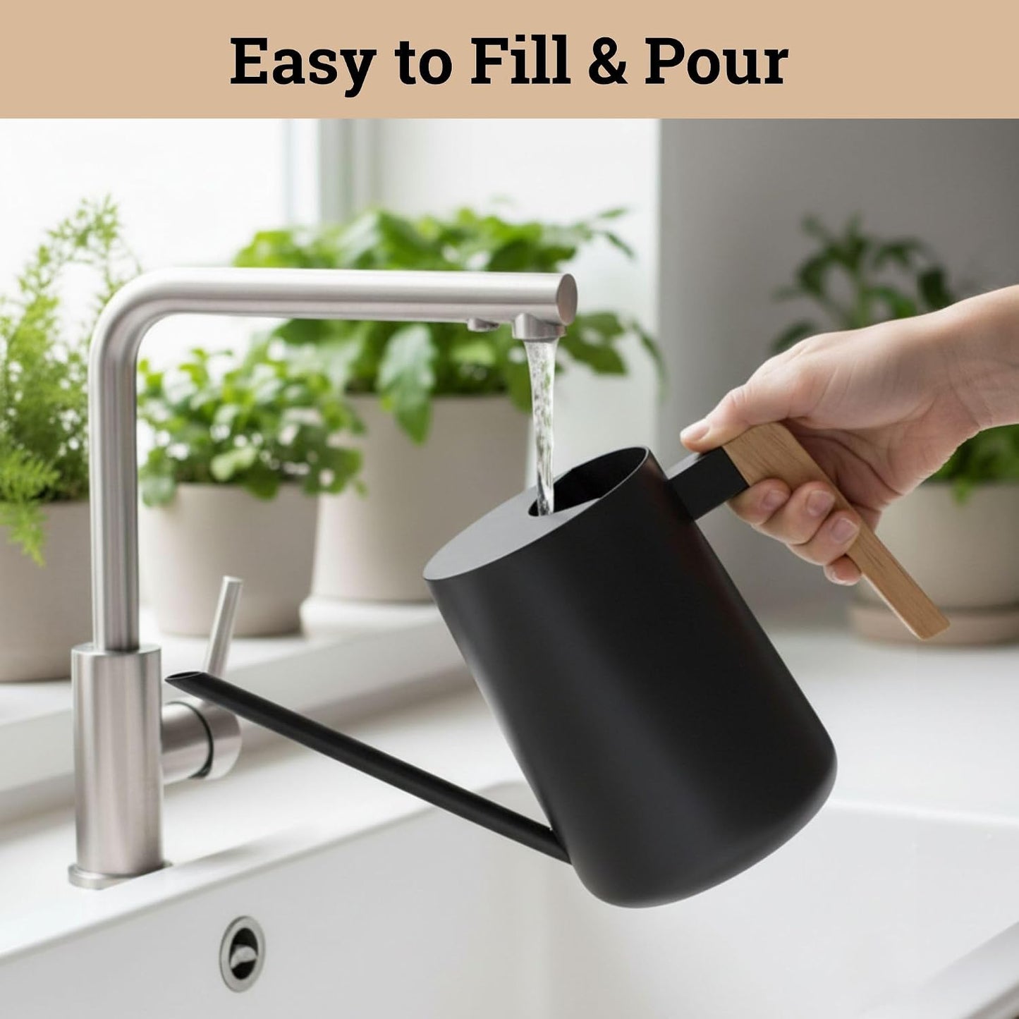 Metal Small Indoor Watering Can with Long Spout & Real Wood Handle, 35oz