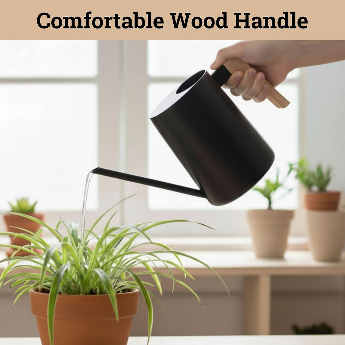 Metal Small Indoor Watering Can with Long Spout & Real Wood Handle, 35oz