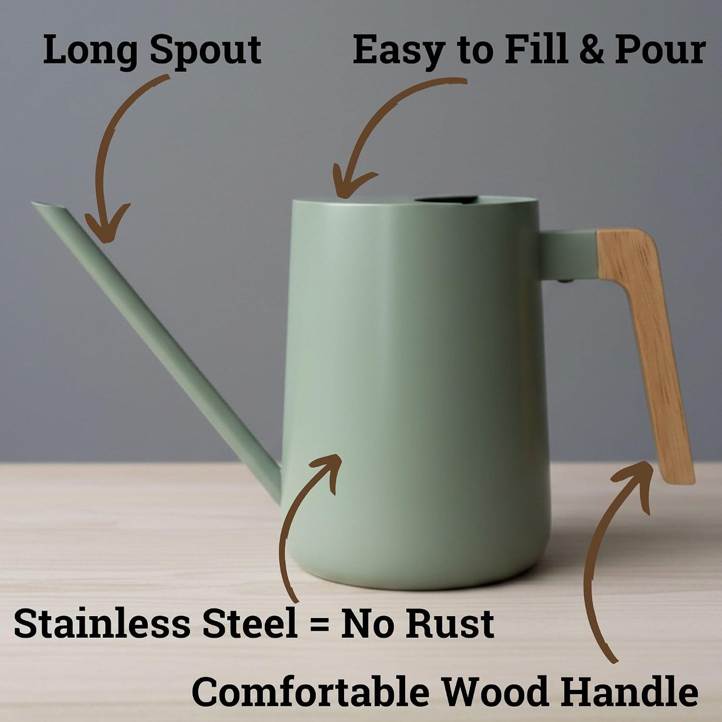 Metal Small Indoor Watering Can with Long Spout & Real Wood Handle, 35oz