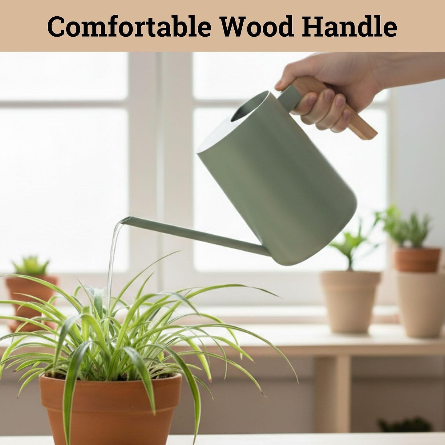 Metal Small Indoor Watering Can with Long Spout & Real Wood Handle, 35oz