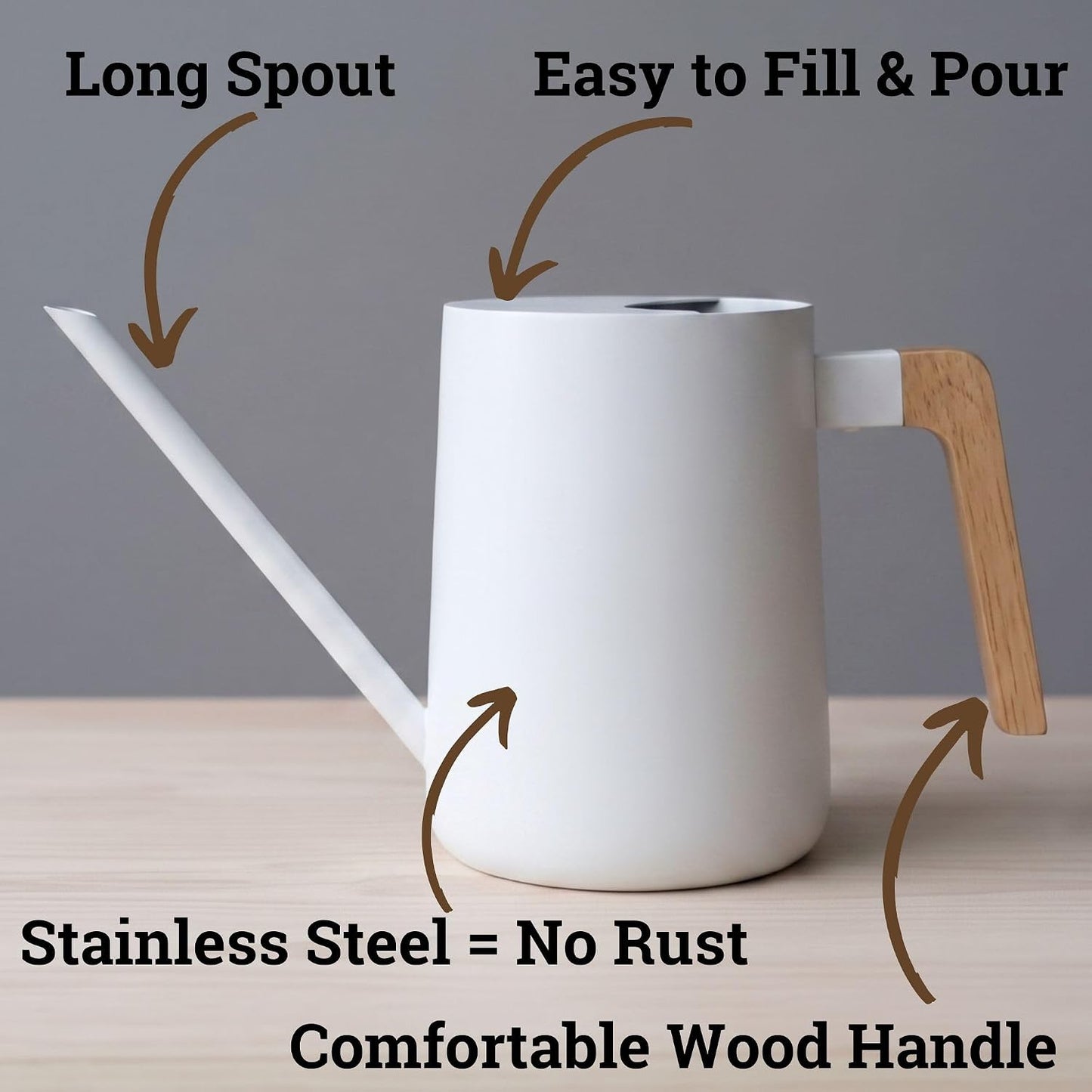 Metal Small Indoor Watering Can with Long Spout & Real Wood Handle, 35oz