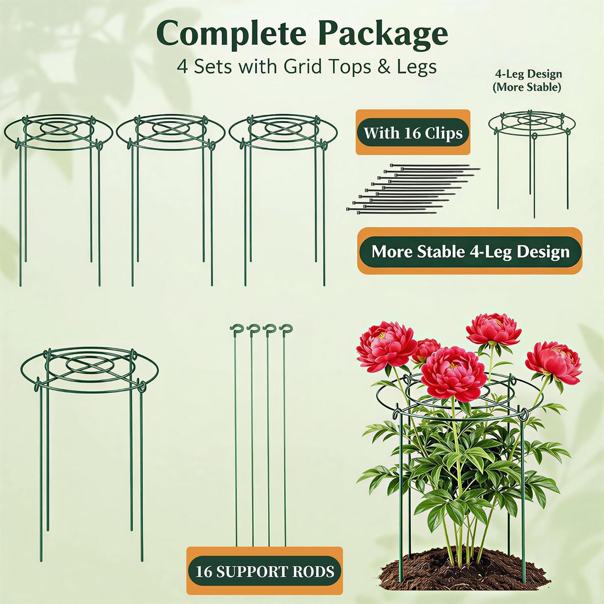 4 Packs Peony Cages and Supports, 11.8"x16" Metal Plant Supports
