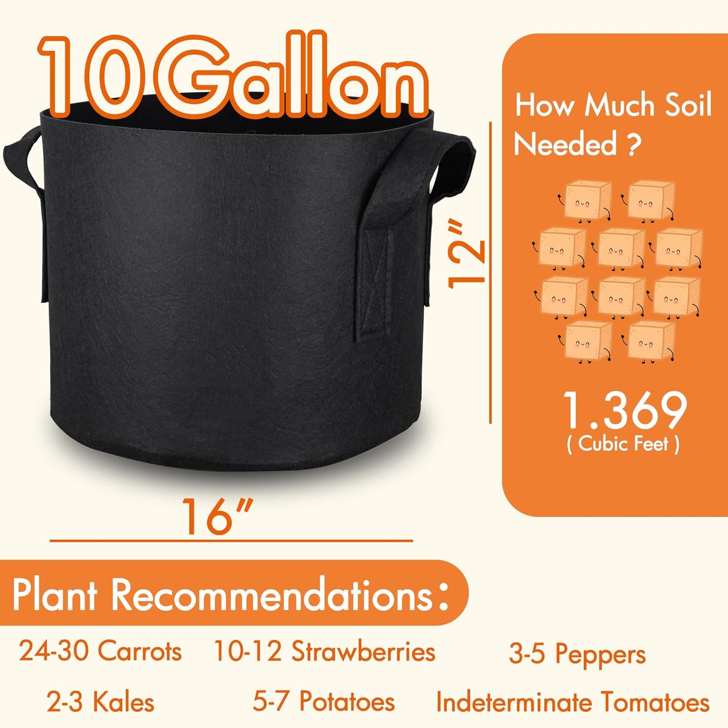 10-Pack 5 Gallon Grow Bags Fabric Pots with Heavy Duty Handles