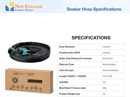 Flat Soaker Hose 25 ft, For Drip Irrigation, Extendable Non-Corrosive and Heavy Duty Couplings, Saves Water, For Raised Beds, Gardens and Vegetable areas, 700001