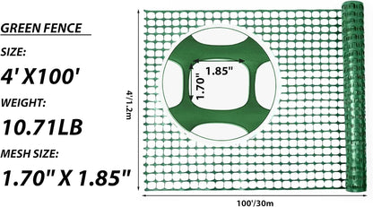 4'x100' Plastic Mesh Fence for Garden with 100 Zip Ties, Green